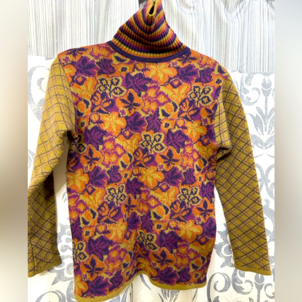 Turtleneck Floral Pattern Knit Sweater in Mustard & Purple